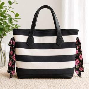 Simply Spring Black White Striped Canvas Floral Strap Large Shoulder Bag